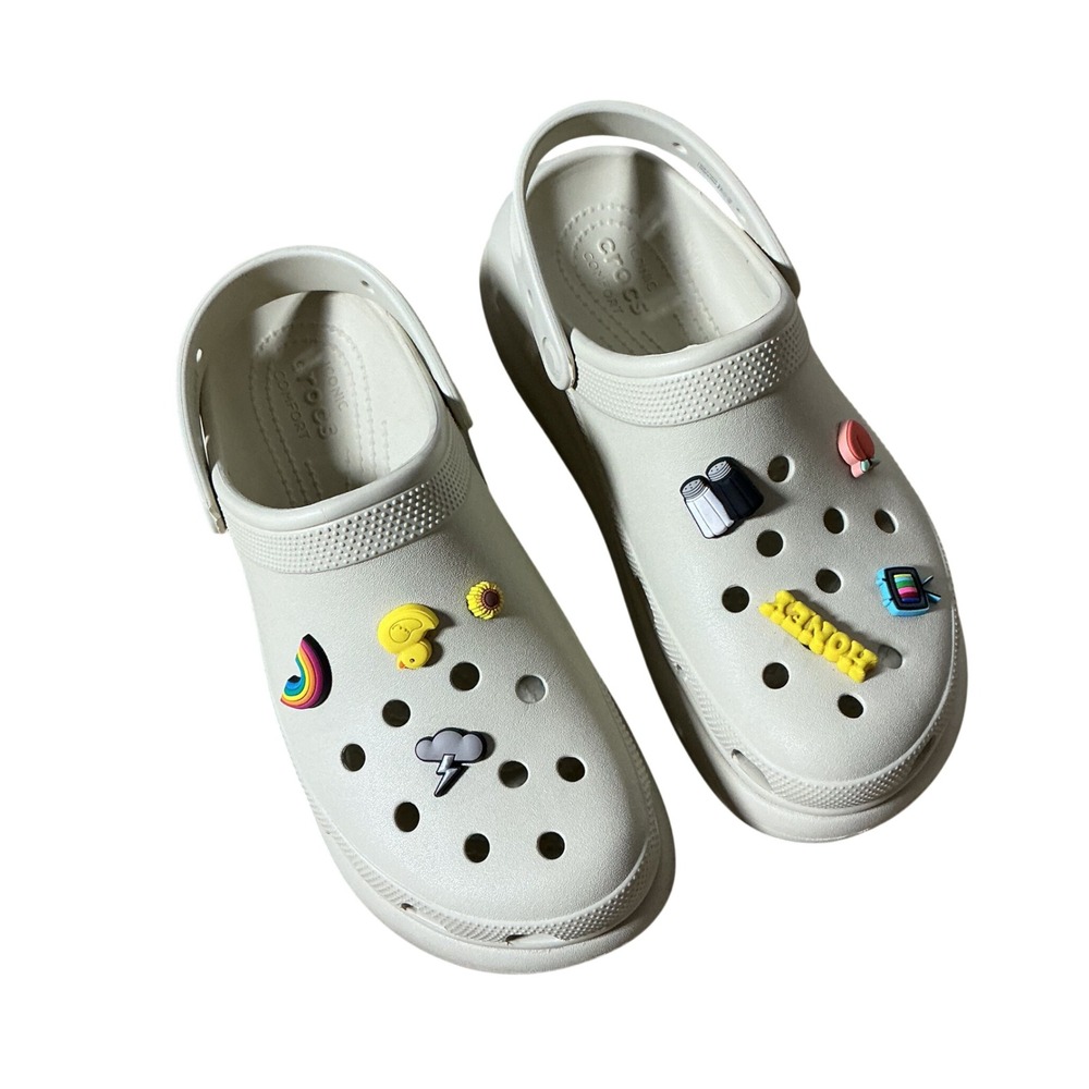 Crocs Classic Platform Clog Women 11 Bone White Jibbitz Charms Chunky Sandal